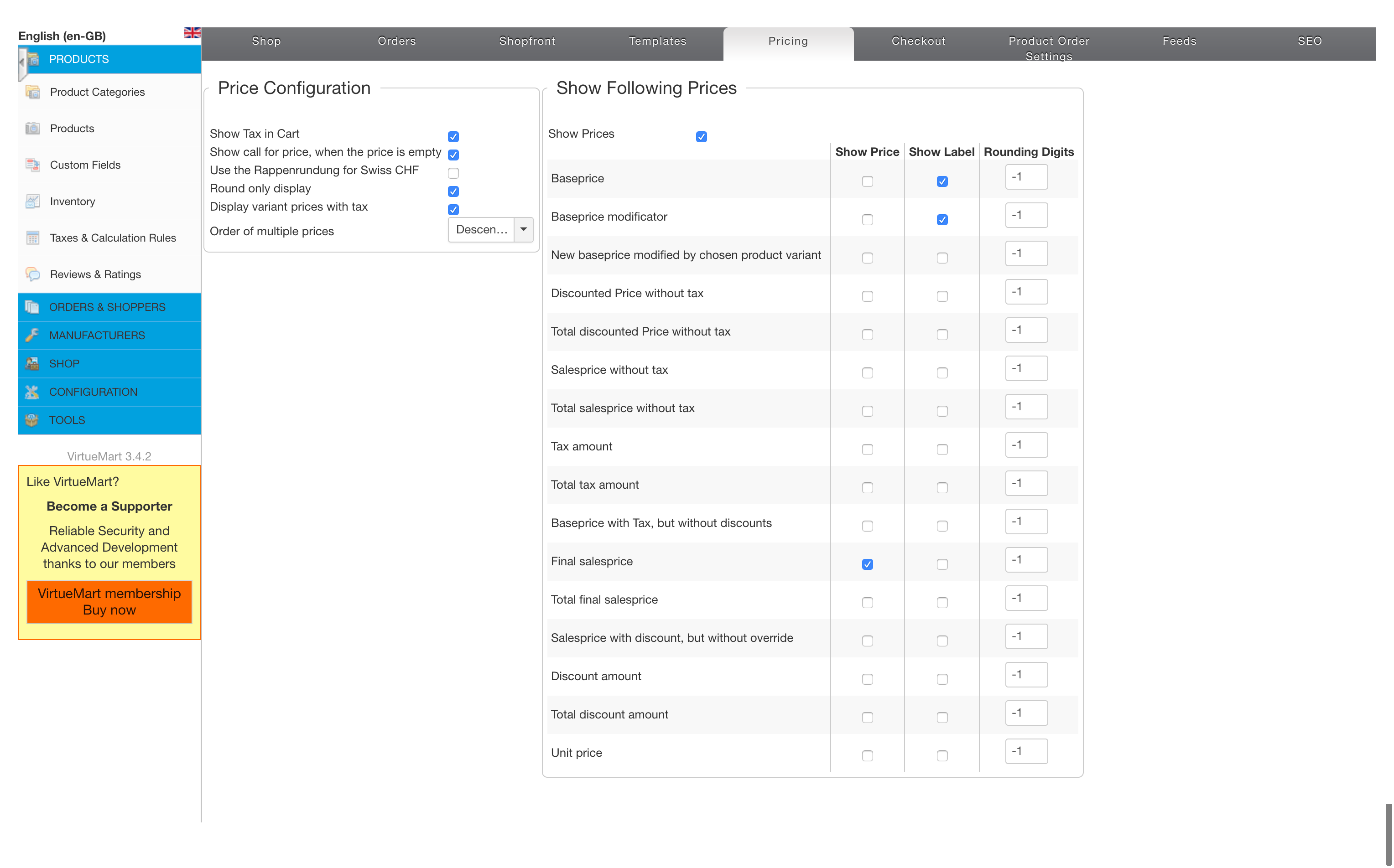 VirtueMart settings