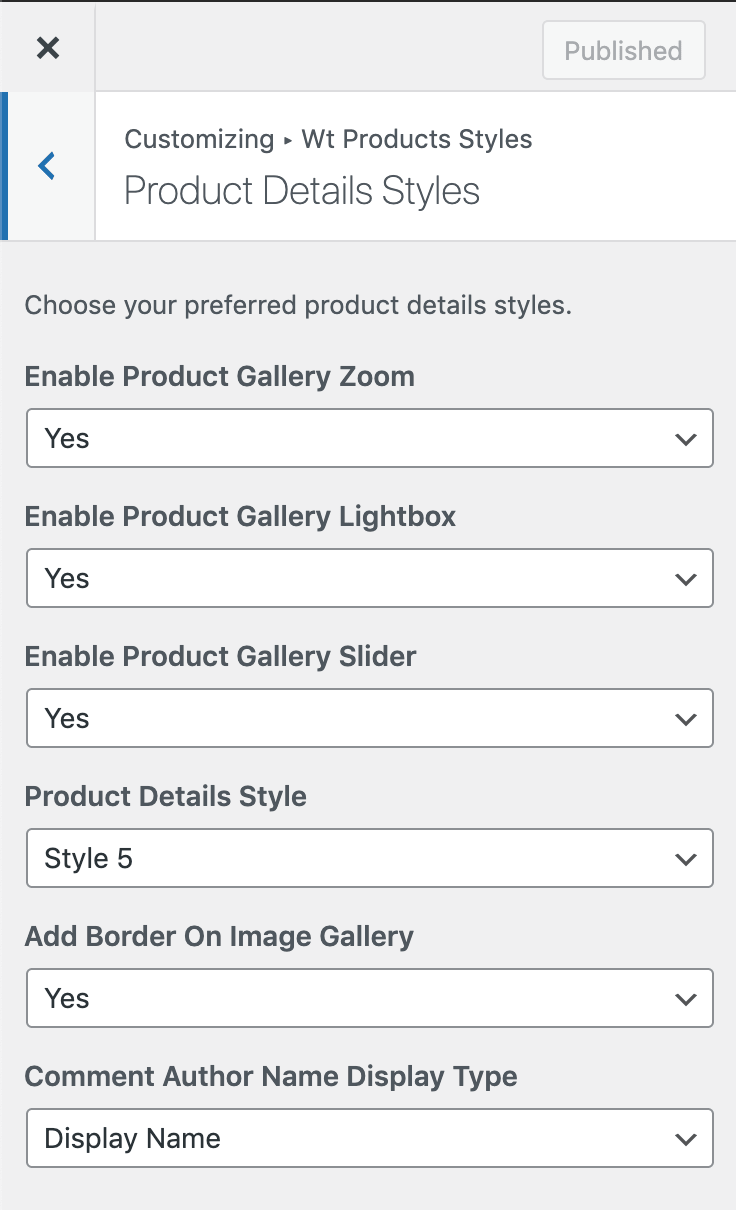 customize wt products details styles details