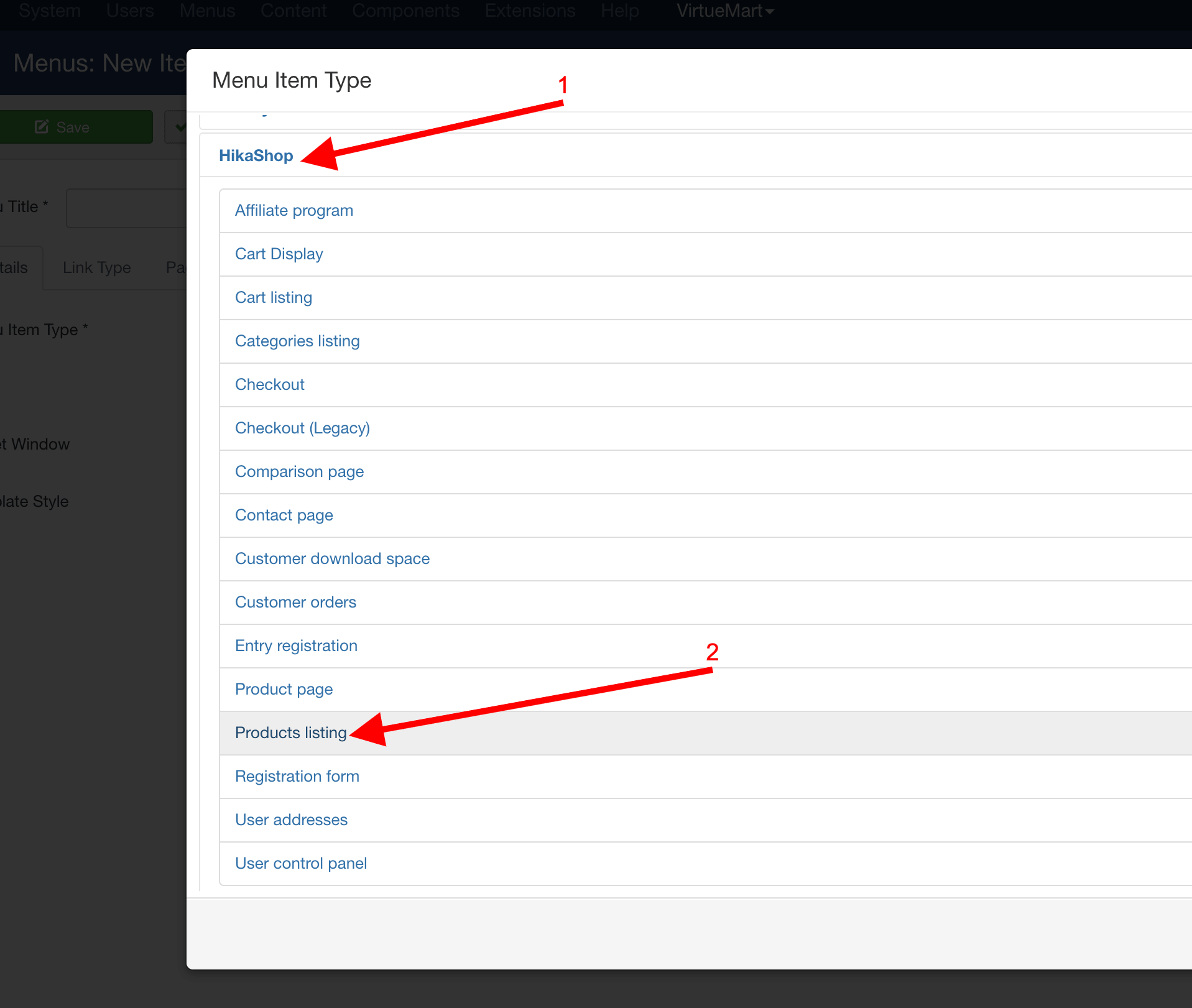 select menu item type2