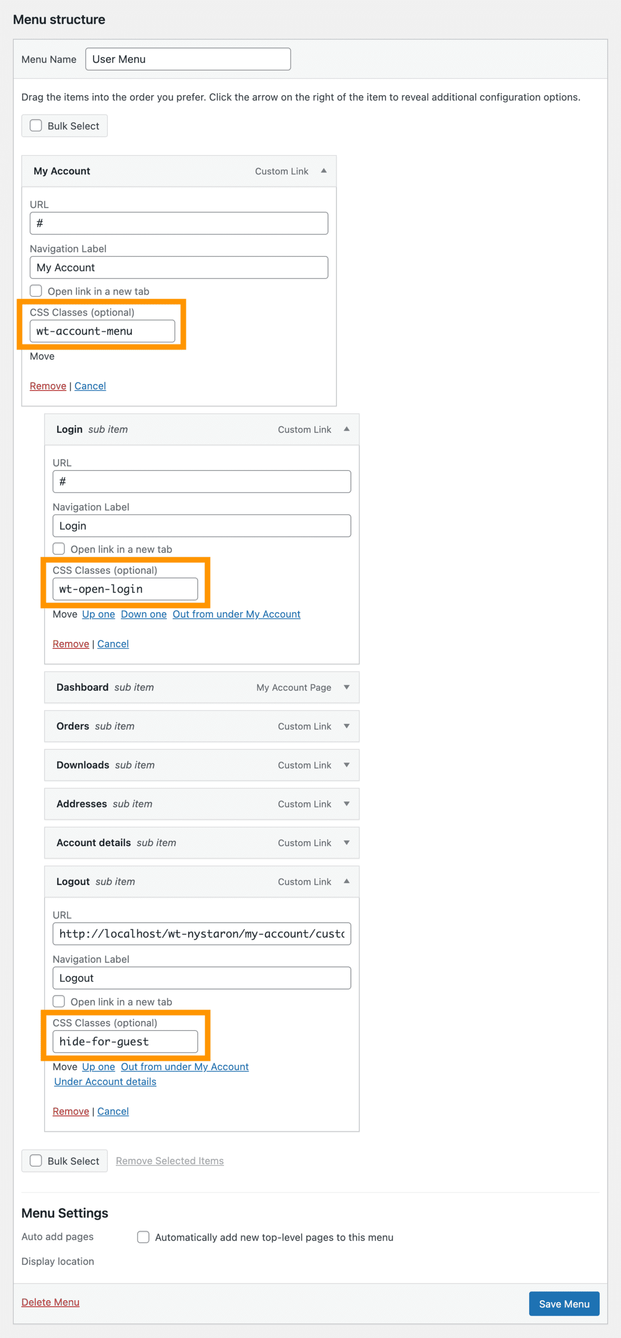 global demo user menu structure