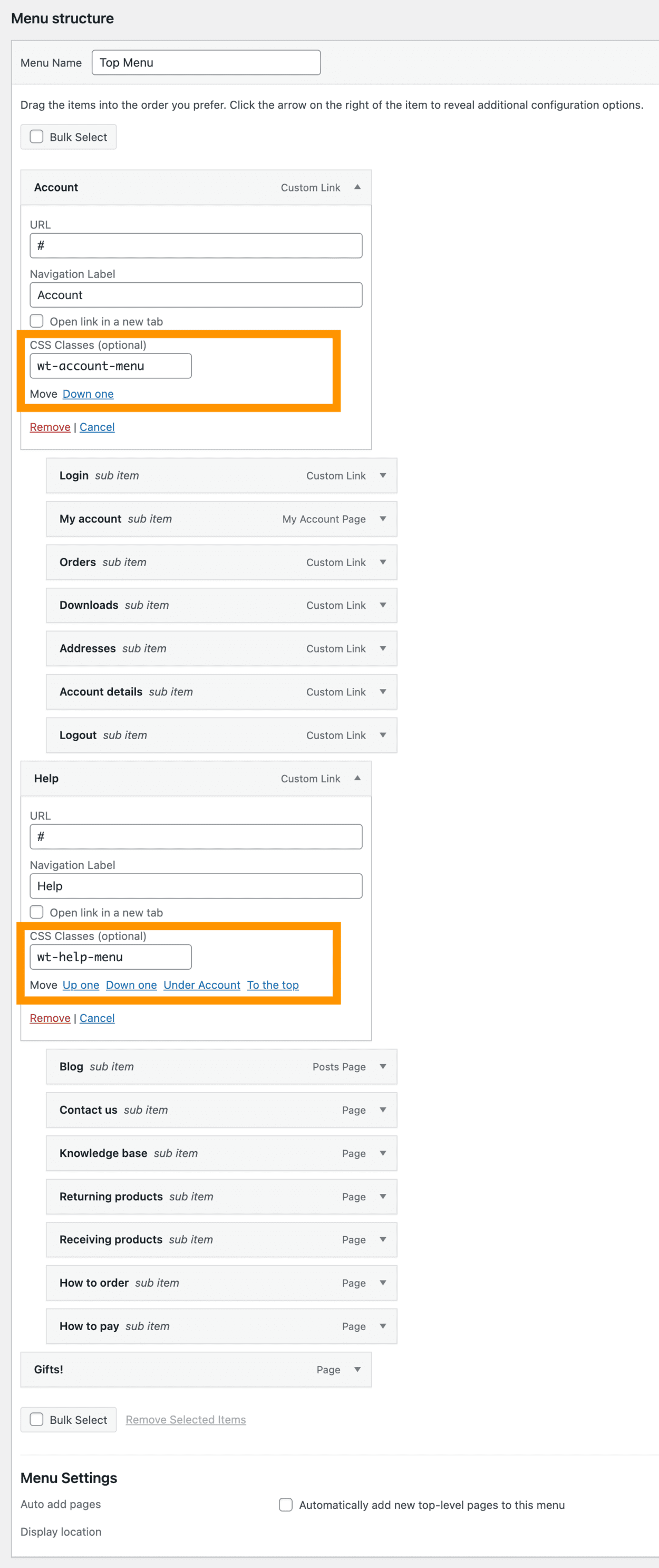 global top account help menu with icon structure