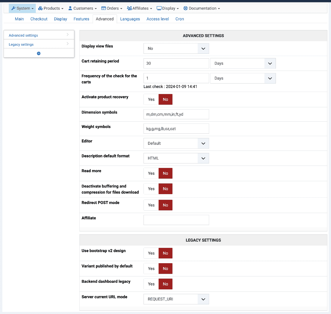 HikaShop settings