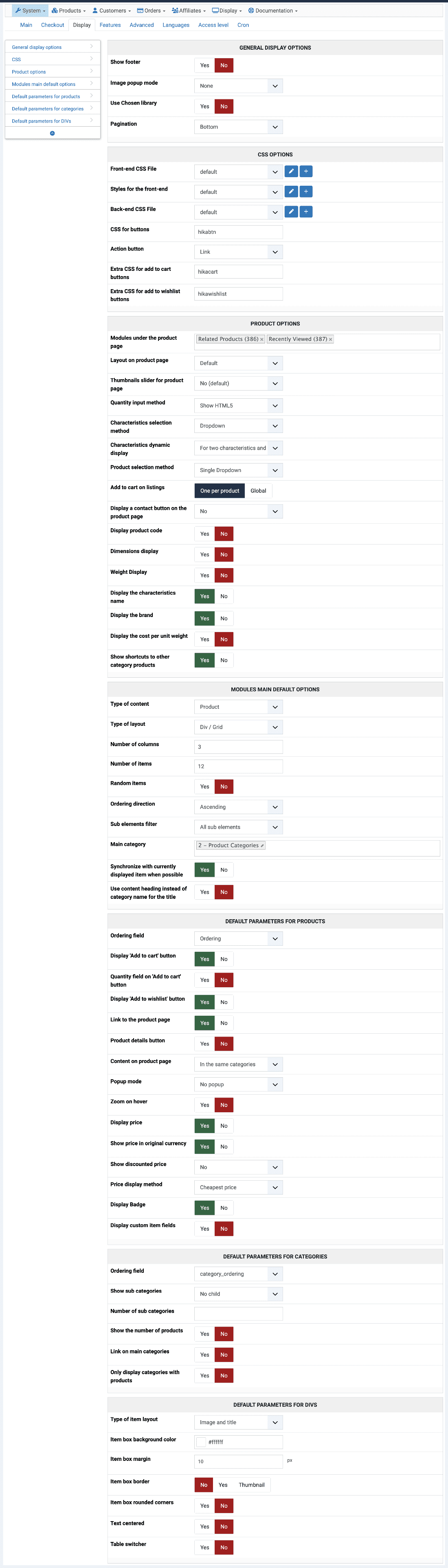 HikaShop settings