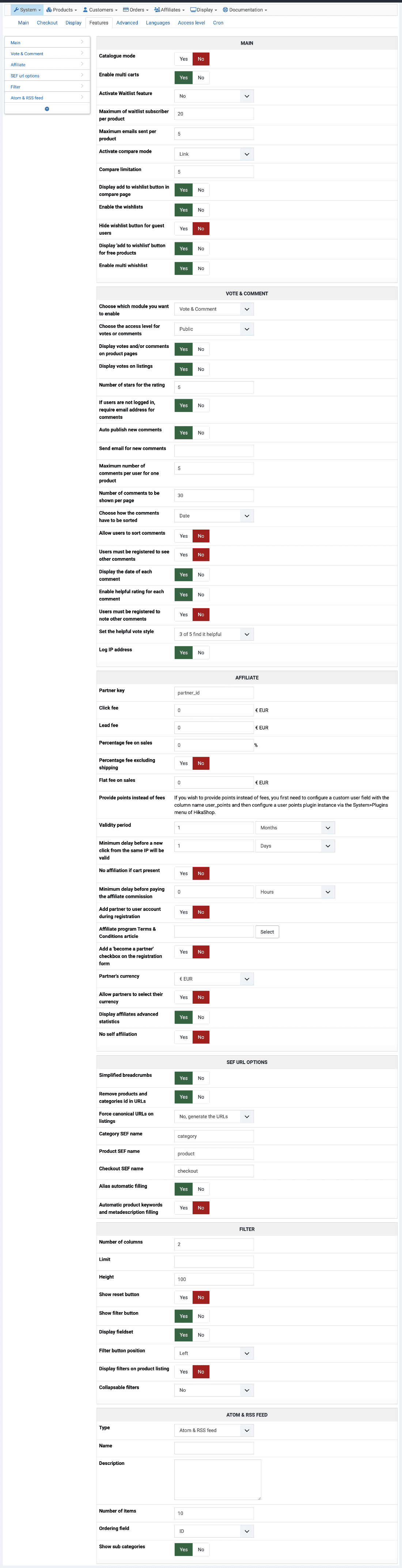 HikaShop settings