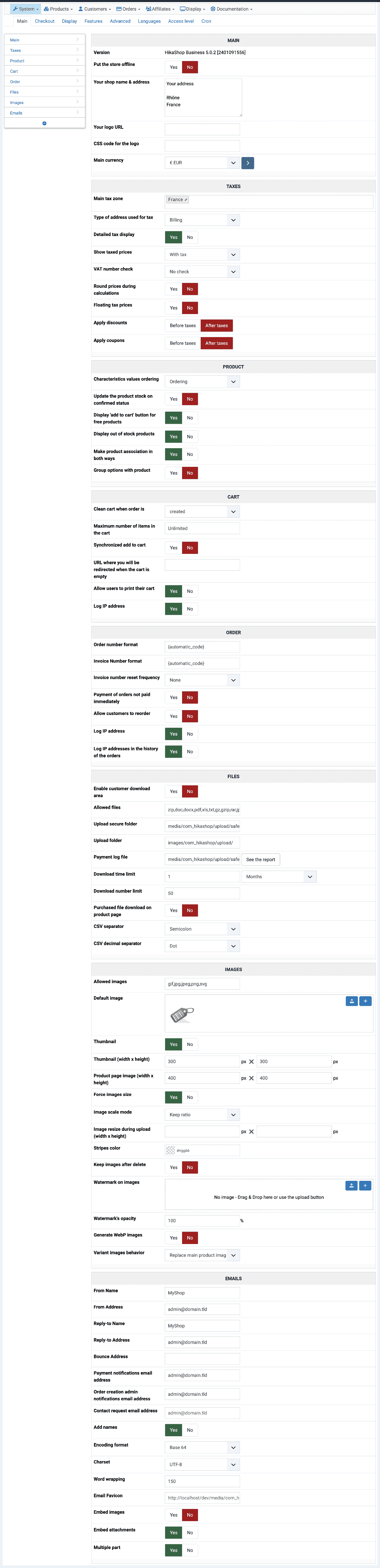 HikaShop Settings