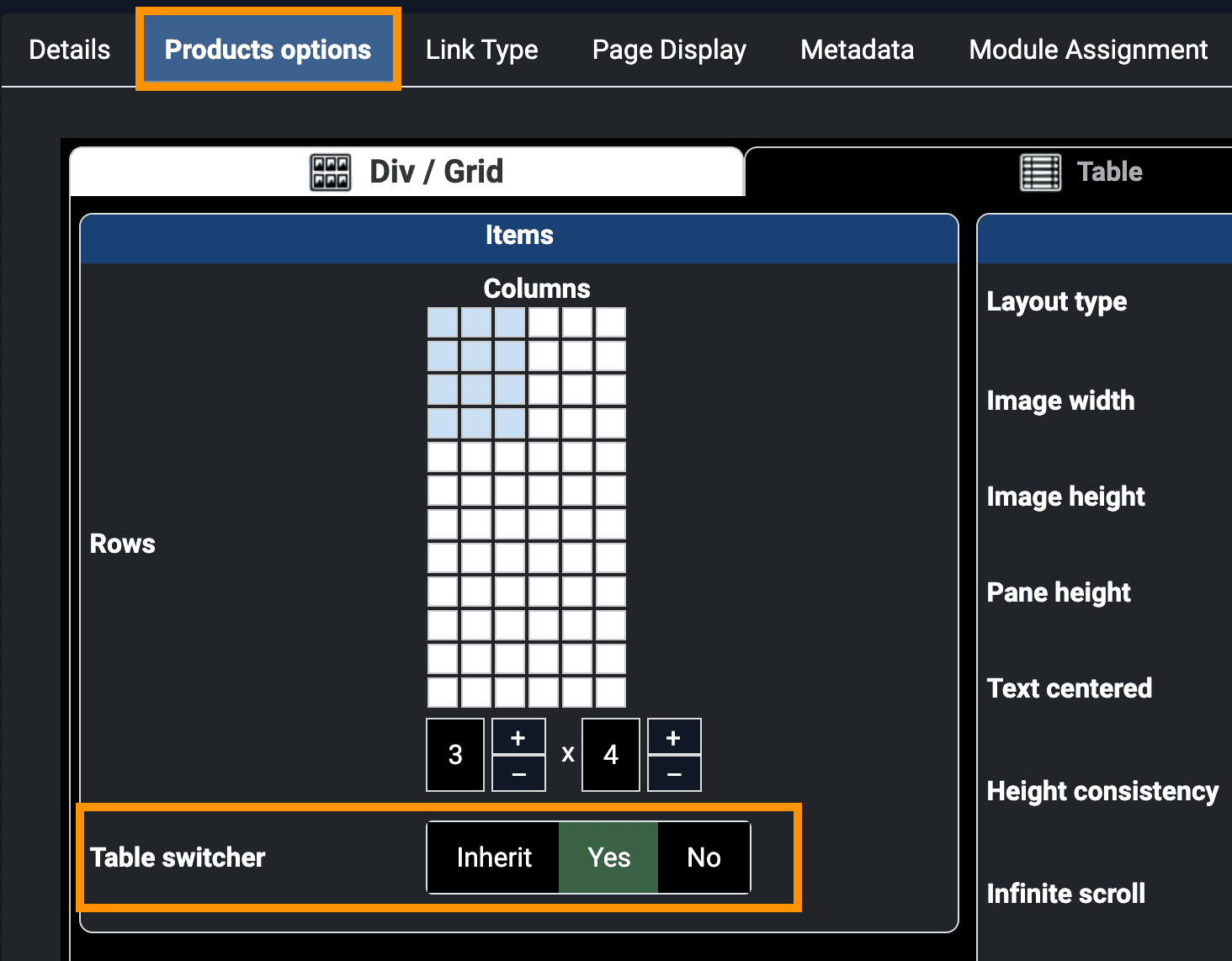 hikashop table switcher