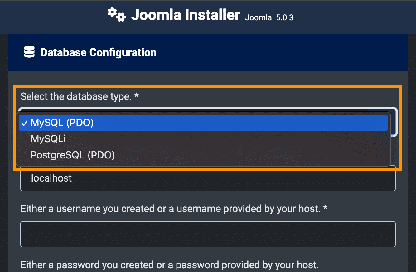 Joomla! installer; select mysql pdo
