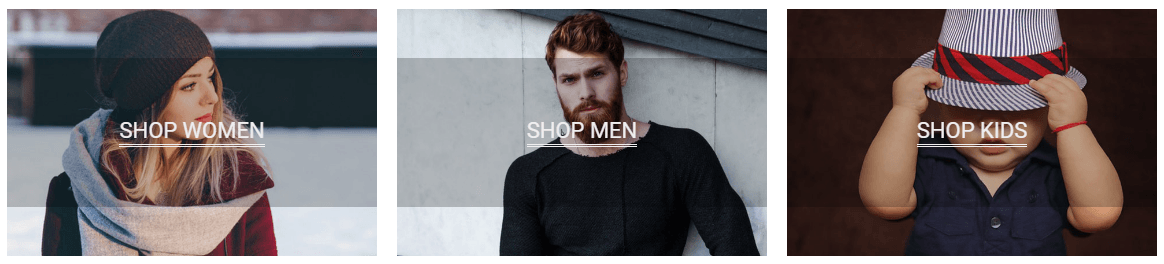 Home page - SHOP WOMEN, SHOP MEN and SHOP KIDS image blocks