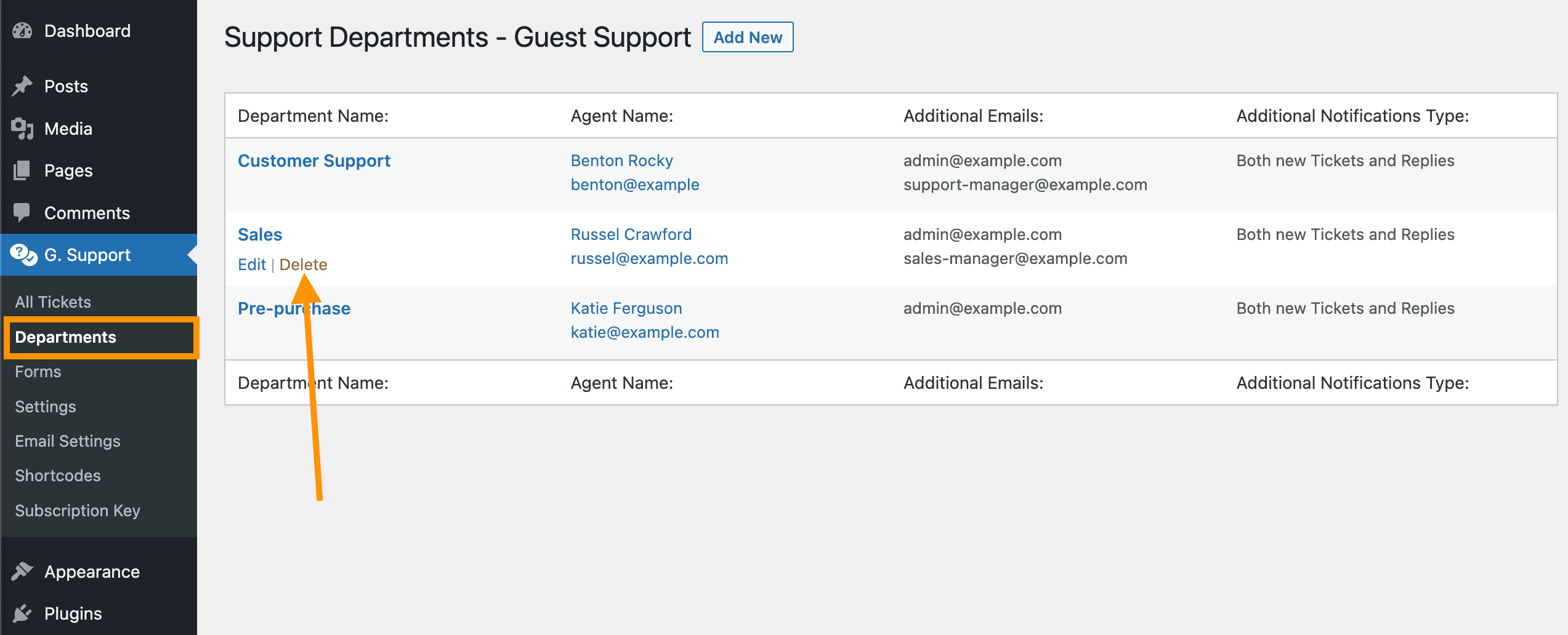 Guest support - delete departments