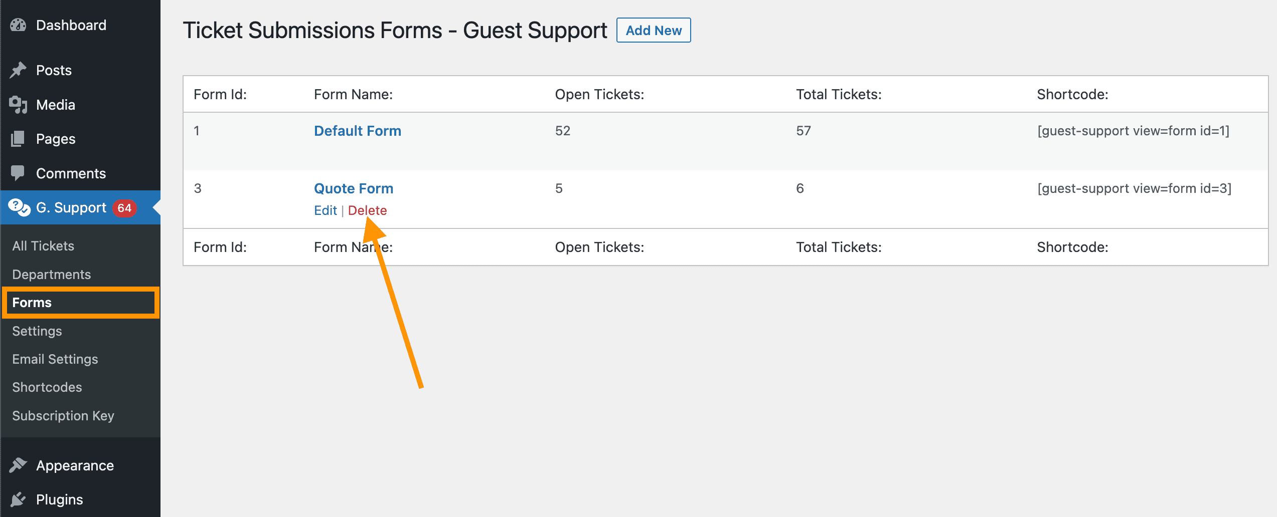 Guest support - delete forms