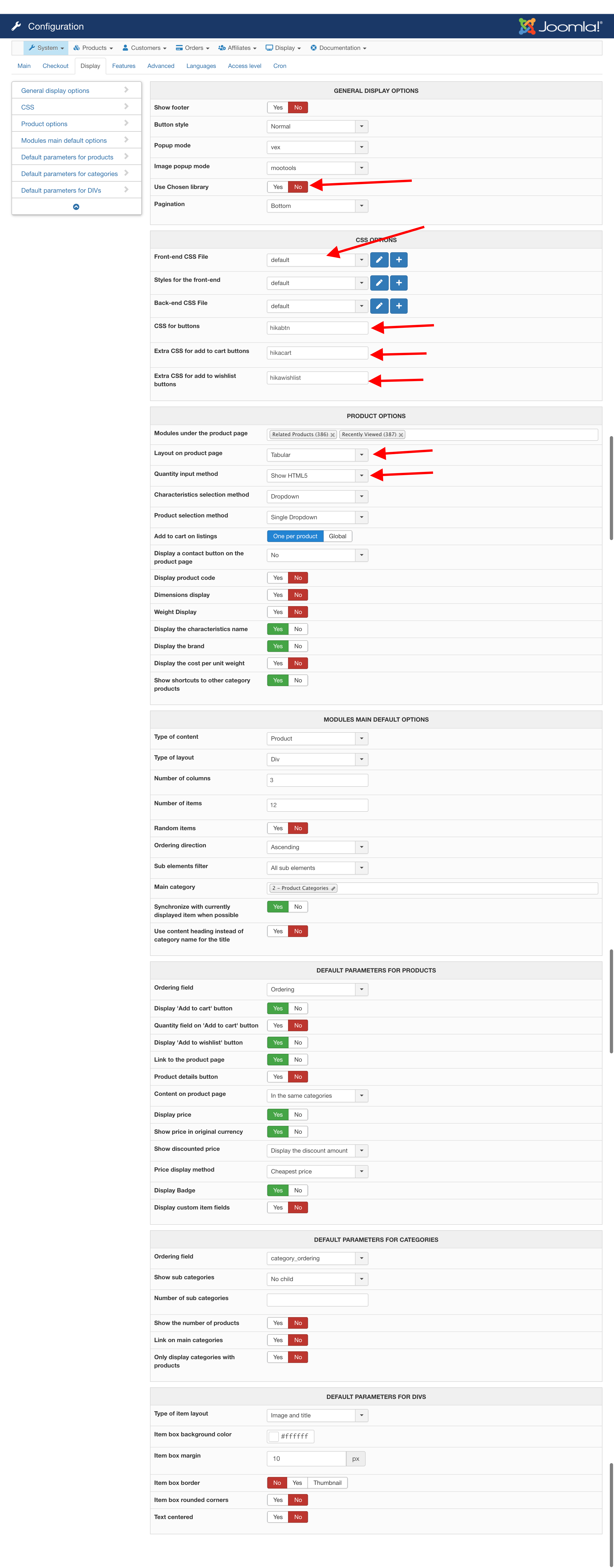 HikaShop settings
