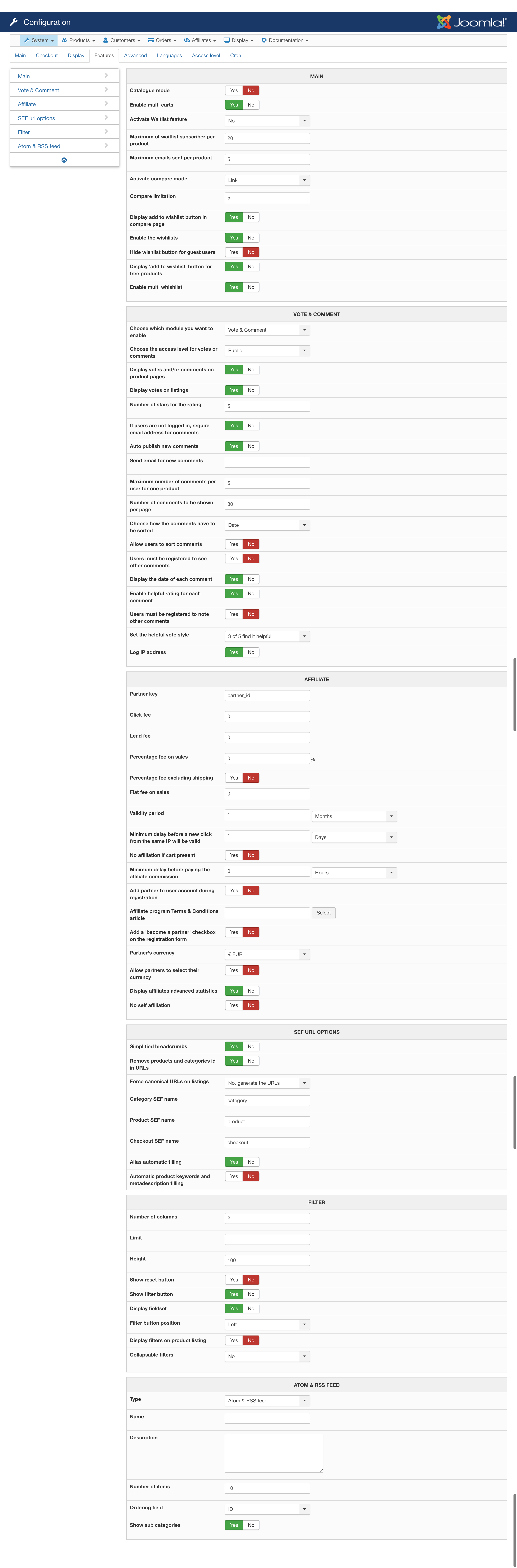 HikaShop settings