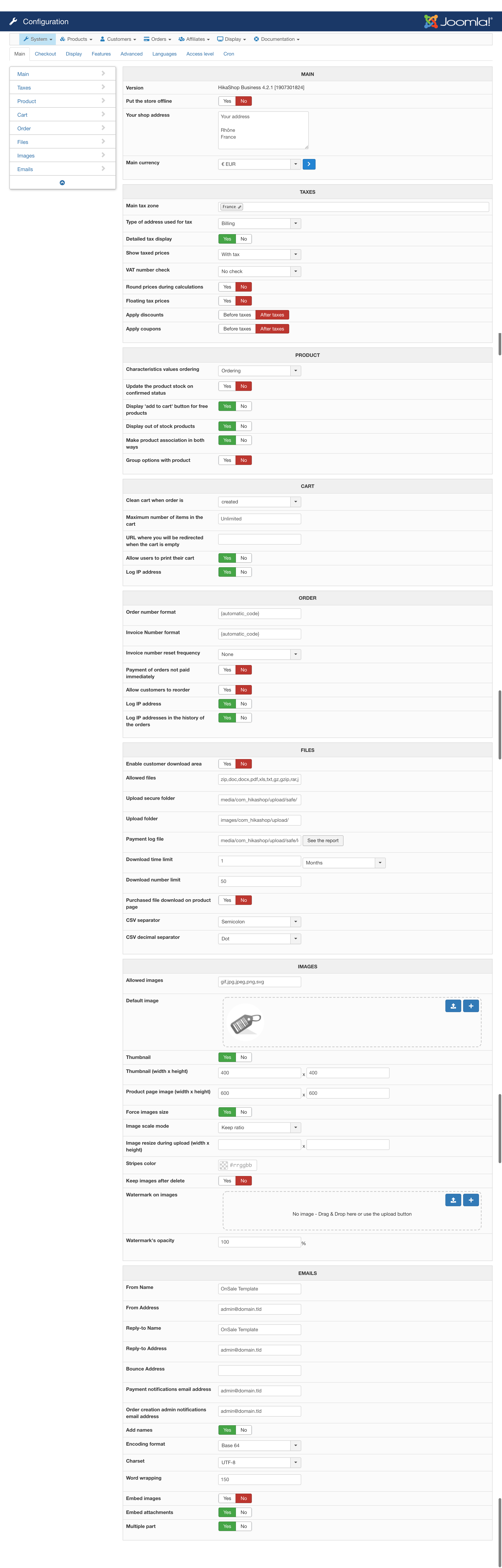 HikaShop Settings