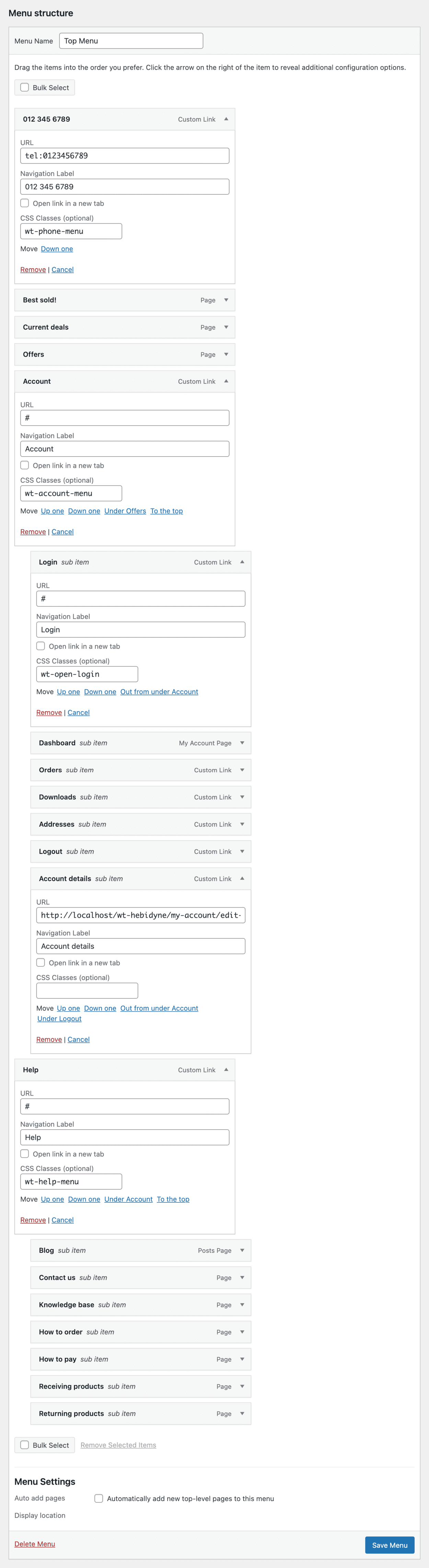 hebidyne demo top menu structure