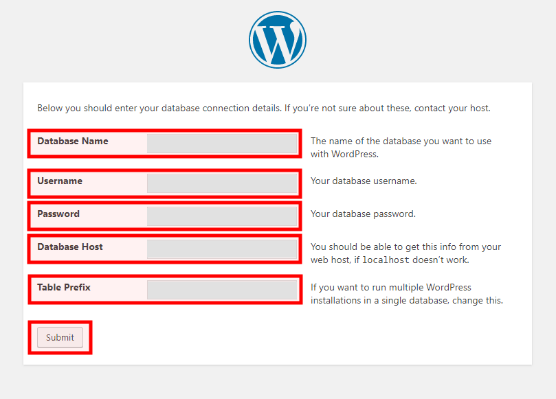 WordPress installation - database connection details