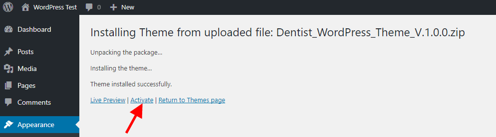 Activate wordpress theme